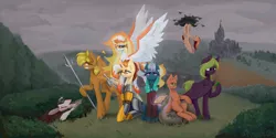 Size: 3000x1500 | Tagged: safe, artist:anastas, derpibooru import, daybreaker, oc, oc:aegida, oc:flashfire, oc:hauffgeiser, oc:nox terrorem, oc:scarlet flair, oc:spoofee goods, oc:sun spear, alicorn, bat, earth pony, pegasus, pony, unicorn, armor, armored pony, bag, blushing, book, bottle, bush, castle, choker, clothes, cloud, cloudy, commission, detailed background, dollar sign, drugs, drunk, ear blush, ear piercing, ethereal mane, ethereal tail, eyelashes, female, floppy ears, flying, folded wings, forest, glasses, hangover, high res, horn, image, jewelry, lidded eyes, lying down, magic, male, mane of fire, mare, money, money bag, nature, necklace, piercing, png, prone, raised hoof, shield, sitting, smiling, spear, spiked choker, spirit, spread wings, stallion, standing, sternocleidomastoid, sword, tail, tree, upside down, wall of tags, weapon, wine bottle, wings