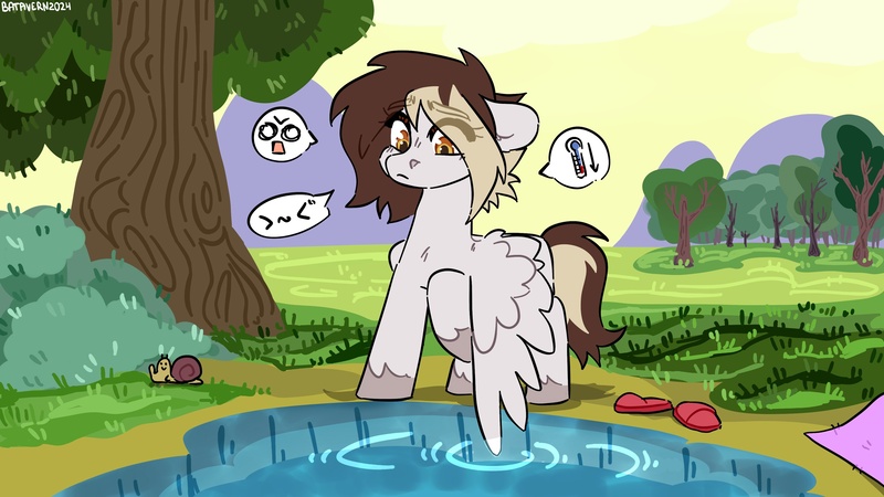 Size: 2560x1440 | Tagged: safe, artist:udara, derpibooru import, oc, oc:nyash, unofficial characters only, pegasus, pony, snail, blanket, bush, clothes, cold, confused, female, forest, hill, image, jpeg, mare, nature, pegasus oc, pond, raised hoof, slippers, solo, tree, water, wings, wings down