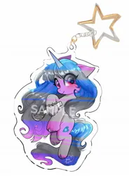 Size: 1504x2048 | Tagged: safe, artist:petaltwinkle, derpibooru import, izzy moonbow, pony, unicorn, g5, eye clipping through hair, female, floppy ears, horn, image, jpeg, keychain, looking at you, mare, simple background, smiling, smiling at you, solo, text, white background, wip