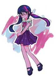Size: 1459x2010 | Tagged: safe, artist:sugarcube269, derpibooru import, sci-twi, twilight sparkle, human, equestria girls, bow, bowtie, clothes, eyebrows, eyebrows visible through hair, female, g4, glasses, image, jpeg, pigtails, shoes, skirt, solo