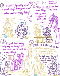 Size: 4779x6013 | Tagged: safe, artist:adorkabletwilightandfriends, derpibooru import, moondancer, starlight glimmer, twilight sparkle, twilight sparkle (alicorn), alicorn, comic:adorkable twilight and friends, adorkable, adorkable twilight, breakfast, cereal, comic, cute, dork, eating, food, fork, giggling, happy, image, kitchen, laughing, magic, oblivious, png, sitting, slice of life, smiling, snickering, spoon, stifling laughter, table
