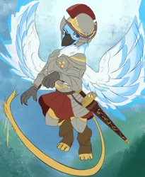 Size: 1800x2200 | Tagged: safe, artist:fly over, derpibooru import, oc, gryphon, armor, female, flying, griffon oc, helmet, image, png, sword, weapon