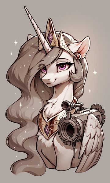 Size: 768x1280 | Tagged: safe, ai content, derpibooru import, generator:autismmixpony, machine learning generated, prompter:adorablebluefox, stable diffusion, princess celestia, alicorn, pony, chest fluff, ear fluff, eyebrows, eyebrows visible through hair, female, g4, image, jewelry, mare, png, rocket launcher, sepia, sitting, solo, sparkles, weapon, wings