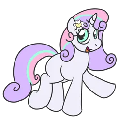 Size: 980x1005 | Tagged: safe, anonymous artist, derpibooru import, sweetie belle, pony, unicorn, /mlp/, /ptfg/, 4chan, alternate design, alternate hairstyle, black outlines, blank flank, flower, flower in hair, horn, image, open mouth, open smile, png, simple background, smiling, solo, transparent background
