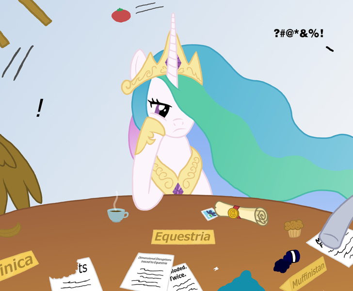 Size: 1114x918 | Tagged: safe, artist:muffinsforever, derpibooru import, derpy hooves, princess celestia, gryphon, food, g4, image, jpeg, muffin, politics, swearing, tomato, vulgar