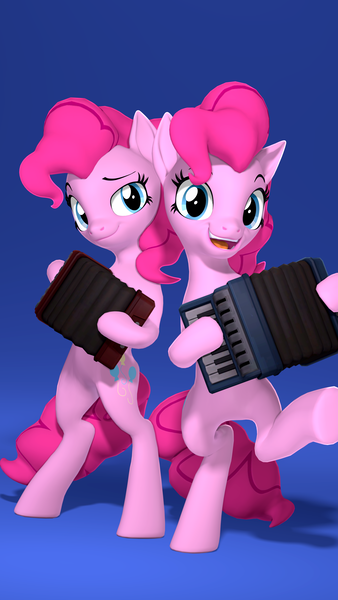 Size: 2160x3840 | Tagged: safe, artist:owlpirate, derpibooru import, pinkie pie, earth pony, pony, 3d, 4k, accordion, bipedal, dexterous hooves, duo, female, g4, gradient background, high res, hoof hold, image, looking at you, mare, musical instrument, open mouth, open smile, pi day, png, self paradox, self ponidox, smiling, smiling at you, source filmmaker, standing, standing on one leg