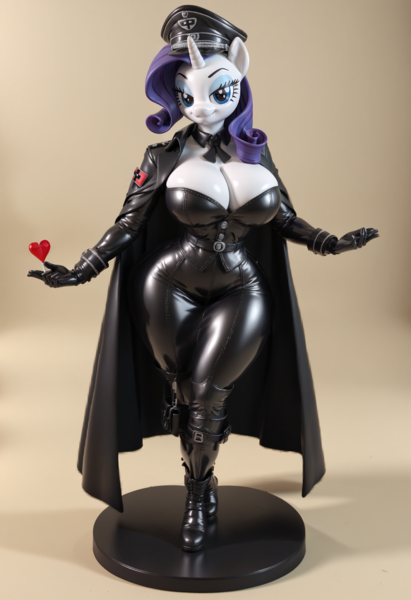 Size: 1664x2432 | Tagged: questionable, ai content, derpibooru import, machine learning generated, rarity, anthro, unicorn, 3d, big breasts, bodysuit, boots, breasts, cape, catsuit, cleavage, cloak, clothes, curvy, female, figure, horn, image, latex, latex suit, nazi, nazi uniform, png, prompter:inky heart, rubber, shoes, solo, solo female, thick, uniform, wide hips