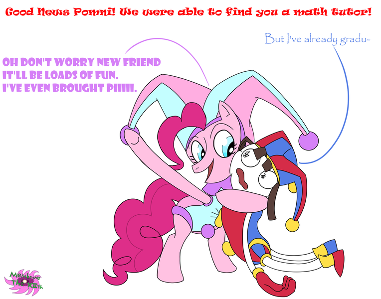 Size: 2050x1610 | Tagged: safe, artist:membranethe13th, derpibooru import, pinkie pie, earth pony, crossover, female, g4, image, jester, male, pi day, png, pomni, simple background, the amazing digital circus, white background