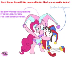 Size: 2050x1610 | Tagged: safe, artist:membranethe13th, derpibooru import, pinkie pie, earth pony, crossover, female, g4, image, jester, male, pi day, png, pomni, simple background, the amazing digital circus, white background