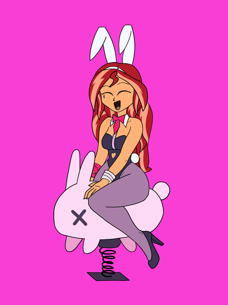 Size: 2700x3600 | Tagged: safe, derpibooru import, sunset shimmer, human, rabbit, equestria girls, animal, bunny ears, bunny suit, clothes, eyes closed, g4, high heels, image, kiddie ride, open mouth, open smile, png, shoes, simple background, smiling, solo