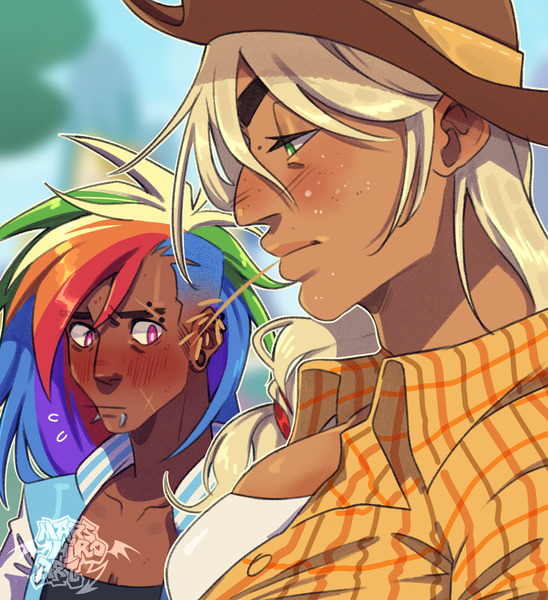 Size: 1736x1900 | Tagged: safe, artist:marshiroart, derpibooru import, applejack, rainbow dash, human, appledash, blushing, dark skin, duo, female, g4, girl staring at guy's chest, humanized, image, jpeg, lesbian, meme, shipping, stare, tan skin