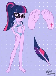 Size: 2048x2732 | Tagged: safe, artist:redhorney, derpibooru import, sci-twi, twilight sparkle, human, equestria girls, bikini, clothes, cutie mark on human, feather, feet, female, fetish, foot fetish, foot focus, g4, image, png, solo, swimsuit