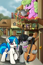 Size: 2360x3534 | Tagged: safe, artist:andaluce, derpibooru import, daisy, flower wishes, octavia melody, vinyl scratch, earth pony, pony, unicorn, balcony, cello, chest fluff, ear fluff, female, flower, gritted teeth, horn, image, mare, musical instrument, png, ponyville, smiling, street, teeth, this will end in tears, water, wet, wet mane