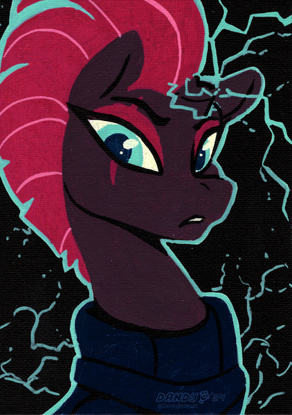 Size: 2922x4158 | Tagged: safe, artist:dandy, derpibooru import, tempest shadow, pony, unicorn, acrylic painting, broken horn, bust, clothes, eyeshadow, female, g4, high res, horn, image, limited palette, looking at you, makeup, png, portrait, scar, solo, sparking horn, traditional art
