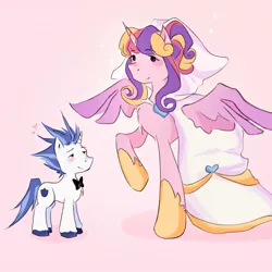 Size: 1280x1280 | Tagged: safe, artist:laaawin, derpibooru import, princess cadance, shining armor, alicorn, pony, unicorn, 2024, alternate hairstyle, blushing, bowtie, clothes, dot eyes, dress, duo, duo male and female, female, floating heart, g4, heart, height difference, hoof shoes, horn, image, jpeg, larger female, male, mare, meme, messy mane, princess shoes, raised hoof, redraw, ship:shiningcadance, shipping, size difference, smaller male, smiling, sparkles, spread wings, stallion, straight, tail, the bride and the ugly ass groom, toy interpretation, unshorn fetlocks, veil, wedding dress, wedding veil, wings