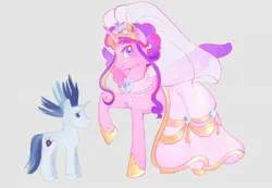 Size: 2048x1414 | Tagged: safe, artist:abby_magica, derpibooru import, princess cadance, shining armor, alicorn, pony, unicorn, 2024, alternate hairstyle, blushing, clothes, crown, dress, duo, duo male and female, female, g4, gray background, height difference, hoof shoes, horn, horn ring, image, jewelry, jpeg, larger female, male, mare, meme, messy mane, princess shoes, raised hoof, redraw, regalia, ring, ship:shiningcadance, shipping, simple background, size difference, smaller male, smiling, spread wings, stallion, straight, tail, the bride and the ugly ass groom, toy interpretation, unshorn fetlocks, veil, wedding dress, wedding veil, wings