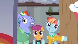 Size: 1000x563 | Tagged: safe, derpibooru import, edit, edited screencap, screencap, bow hothoof, scootaloo, windy whistles, pegasus, pony, parental glideance, bedroom, camera, clothes, door, doorway, female, filly, foal, grin, image, jpeg, male, mare, smiling, stallion, trio