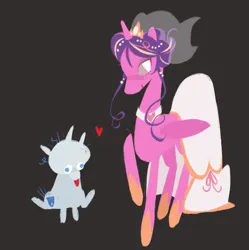 Size: 2039x2048 | Tagged: safe, artist:baby_parmezan, derpibooru import, princess cadance, shining armor, alicorn, pony, unicorn, 2024, alternate hairstyle, bald, brown background, choker, clothes, crown, dress, duo, duo male and female, female, floating heart, folded wings, g4, heart, height difference, hoof shoes, horn, image, jewelry, jpeg, larger female, male, mare, meme, messy tail, princess shoes, raised hoof, redraw, regalia, ship:shiningcadance, shipping, simple background, sitting, size difference, smaller male, stallion, straight, tail, the bride and the ugly ass groom, tongue out, toy interpretation, veil, wedding dress, wedding veil, wings