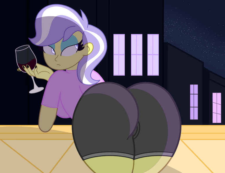 Size: 1920x1480 | Tagged: suggestive, alternate version, artist:the lunar archer, derpibooru import, upper crust, human, equestria girls, alcohol, balcony, bent over, breasts, building, butt, clothes, drink, female, g4, glass, image, looking back, makeup, night, pants, png, sexy, solo, solo female, sultry pose, the ass was fat, tight clothing, upper butt, window, wine, wine glass, yoga pants