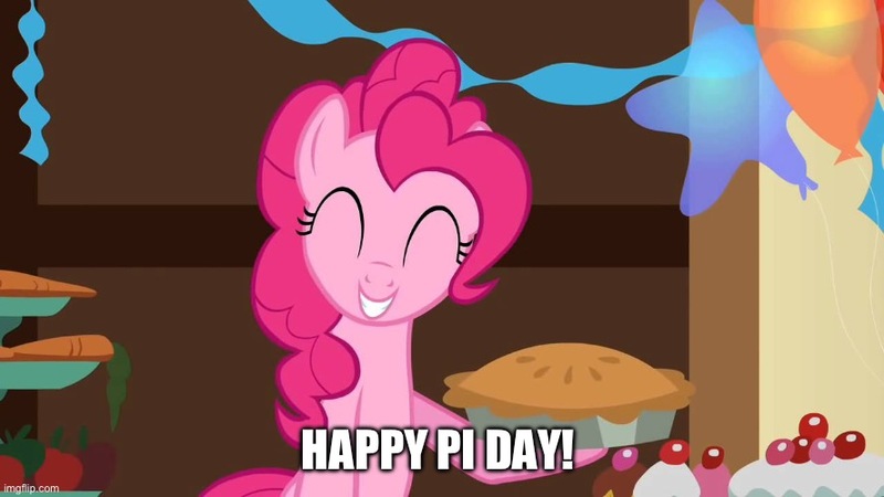 Size: 888x499 | Tagged: safe, derpibooru import, edit, edited screencap, screencap, pinkie pie, earth pony, caption, eyes closed, female, food, image, image macro, jpeg, pi day, pie, smiling, solo, text