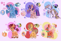 Size: 4133x2755 | Tagged: safe, artist:terralilith, derpibooru import, applejack, big macintosh, caramel, cheese sandwich, flash sentry, fluttershy, pinkie pie, prince blueblood, rainbow dash, rarity, soarin', twilight sparkle, twilight sparkle (alicorn), oc, oc:apple flower, oc:christopher apple, oc:moonlight sparkle, oc:orange cheesecake, oc:rainbow bubblegum, oc:shiny glitter, alicorn, earth pony, pegasus, pony, unicorn, alicorn oc, ascot, base used, bracelet, cheesepie, chest fluff, coat markings, colored wings, colored wingtips, cousins, cowboy hat, crown, ear piercing, earring, earth pony oc, female, flashlight, fluttermac, hat, hoof fluff, horn, horn ring, image, jewelry, looking at each other, looking at someone, male, mare, necklace, offspring, parent:applejack, parent:big macintosh, parent:caramel, parent:cheese sandwich, parent:flash sentry, parent:fluttershy, parent:pinkie pie, parent:prince blueblood, parent:rainbow dash, parent:rarity, parent:soarin', parent:twilight sparkle, parents:carajack, parents:cheesepie, parents:flashlight, parents:fluttermac, parents:rariblood, parents:soarindash, pegasus oc, peytral, piercing, png, purple background, regalia, ring, screencap reference, ship:carajack, ship:rariblood, shipping, simple background, smiling, smiling at each other, soarindash, spread wings, stallion, straight, straw in mouth, unicorn oc, unshorn fetlocks, wings