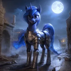 Size: 2048x2048 | Tagged: safe, ai content, derpibooru import, machine learning generated, prompter:jasedward, princess luna, alicorn, pony, armor, image, moon, moonlight, night, png, ruins, solo, town