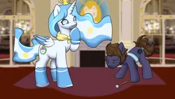 Size: 4141x2330 | Tagged: safe, artist:dumbwoofer, derpibooru import, oc, oc:milei, oc:princess argenta, ponified, alicorn, earth pony, pony, argentina, bowing, building, clothes, duo, ear fluff, eyes closed, female, flag, hoof over mouth, image, male, mare, nation ponies, png, raised hoof, scarf, smiling, socks, staff, stallion