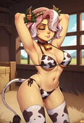 Size: 3328x4864 | Tagged: suggestive, ai content, derpibooru import, machine learning generated, stable diffusion, vignette valencia, human, equestria girls, arm behind head, armpits, barn, bell, belly button, big breasts, bikini, breasts, busty vignette valencia, clothes, cow bell, cow girl, cow horns, cow suit, cow tail, cowbra, cowkini, cowprint, eyes closed, farm, female, fingerless gloves, g4, generator:pony diffusion v6 xl, generator:purplesmart.ai, gloves, hair over one eye, hairband, horns, image, lingerie, lips, lipstick, makeup, png, pose, prompter:lerkyboy, sexy, smelly, socks, solo, solo female, stockings, string bikini, stupid sexy vignette valencia, sultry pose, swimsuit, tail, thigh highs