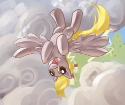 Size: 1024x866 | Tagged: safe, artist:javkiller, derpibooru import, derpy hooves, pegasus, pony, female, flying, g4, image, jpeg, mare, solo, upside down, vertigo