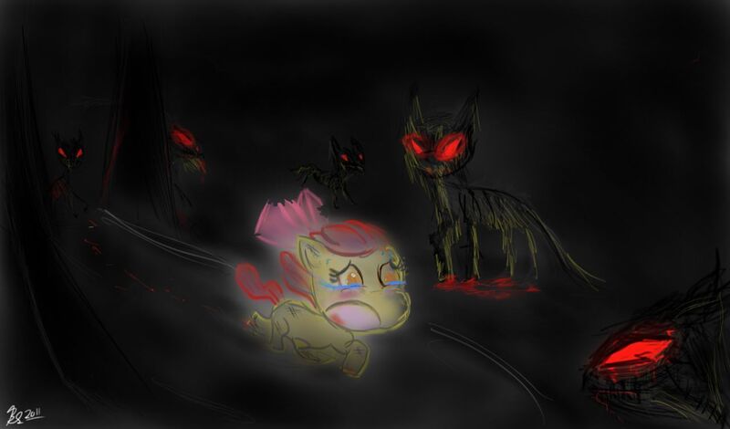 Size: 1280x752 | Tagged: grimdark, artist:askscoot, derpibooru import, apple bloom, earth pony, pony, undead, zombie, zombie pony, story of the blanks, bow, hair bow, image, jpeg, running away