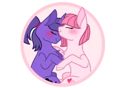 Size: 824x575 | Tagged: safe, artist:lilith1light, artist:muhammad yunus, derpibooru import, oc, oc:annisa trihapsari, oc:violetta cuddles belle, unofficial characters only, earth pony, pony, unicorn, base used, blushing, duo, duo female, eyelashes, eyes closed, female, horn, image, lesbian, mare, png, ponytail, shipping, simple background, transparent background