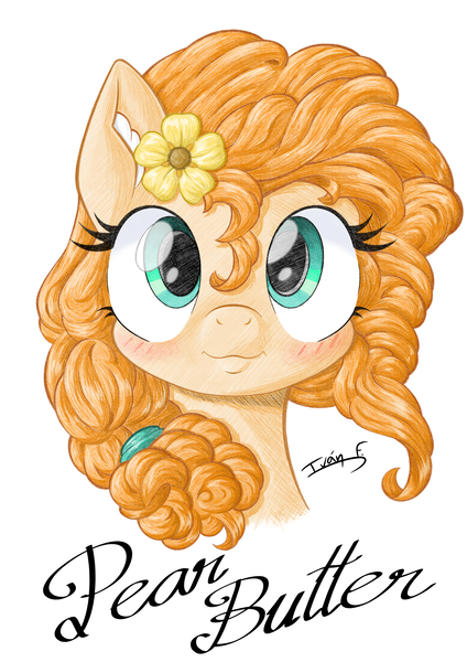 Size: 2481x3508 | Tagged: safe, artist:memprices, derpibooru import, pear butter, earth pony, pony, bangs, blushing, bust, colored, curly mane, female, flower, flower in hair, front view, g4, high res, image, looking at you, mare, pencil drawing, png, ponytail, portrait, simple background, smiling, smiling at you, solo, traditional art, white background