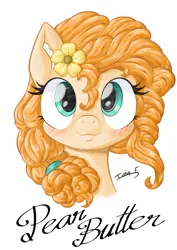 Size: 2481x3508 | Tagged: safe, artist:memprices, derpibooru import, pear butter, earth pony, pony, bangs, blushing, bust, colored, curly mane, female, flower, flower in hair, front view, g4, high res, image, looking at you, mare, pencil drawing, png, ponytail, portrait, simple background, smiling, smiling at you, solo, traditional art, white background