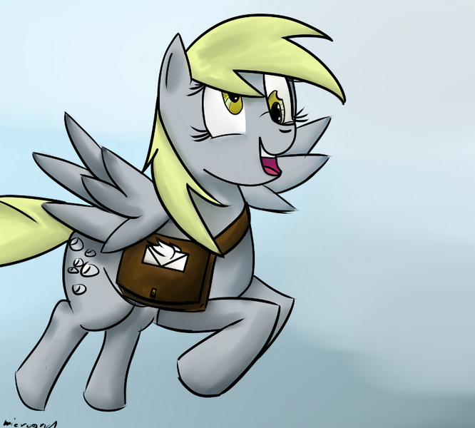 Size: 800x721 | Tagged: safe, artist:microgrid, derpibooru import, derpy hooves, pegasus, bag, g4, image, jpeg, mailbag, signature