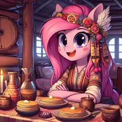 Size: 1024x1024 | Tagged: safe, ai content, derpibooru import, machine learning generated, pinkie pie, anthro, butter, food, image, jpeg, pancakes, shrovetide, slavic, solo