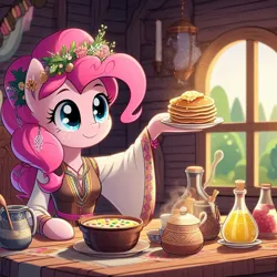 Size: 1024x1024 | Tagged: safe, ai content, derpibooru import, machine learning generated, pinkie pie, anthro, food, image, jpeg, pancakes, shrovetide, slavic, solo