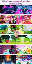 Size: 720x1433 | Tagged: safe, artist:el almacén de fluttershy, derpibooru import, edit, edited screencap, editor:el almacén de fluttershy, screencap, angel bunny, applejack, fluttershy, pinkie pie, rainbow dash, rarity, twilight sparkle, twilight sparkle (alicorn), alicorn, changeling, earth pony, human, pegasus, pony, rabbit, unicorn, do princesses dream of magic sheep, equestria girls, season 5, animal, apple, applejack's hat, book, bookshelf, cake, clothes, cowboy hat, dream, dress, female, fighting stance, fluttershy's house, food, g4, hat, horn, image, jpeg, library, male, mane six, mare, nightmare, spanish, spanish text, sugarcube corner, watermark