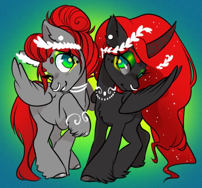 Size: 2897x2700 | Tagged: safe, artist:opalacorn, derpibooru import, oc, oc:void, unofficial characters only, alicorn, pegasus, pony, duo, duo female, ear piercing, earring, female, gradient background, grin, horn, horn ring, image, jewelry, jpeg, laurel wreath, lidded eyes, mare, mole, nose piercing, nose ring, piercing, ring, self paradox, self ponidox, smiling, unshorn fetlocks