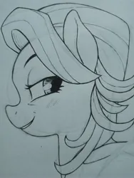Size: 3072x4096 | Tagged: safe, artist:public mistake, derpibooru import, spoiled rich, earth pony, pony, bust, female, grayscale, grin, image, jpeg, lidded eyes, looking back, mare, monochrome, smiling, traditional art