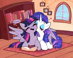 Size: 1795x1426 | Tagged: safe, artist:syrupyyy, derpibooru import, rarity, twilight sparkle, twilight sparkle (alicorn), alicorn, pony, unicorn, big eyes, blue mane, blue tail, blushing, book, bookshelf, carpet, cuddling, detailed background, dialogue, emanata, eyelashes, eyes closed, eyeshadow, female, g4, heart, horn, hug, image, indoors, jpeg, kiss on the cheek, kissing, lesbian, lying down, makeup, mare, multicolored mane, multicolored tail, one wing out, open book, open mouth, open smile, picture frame, prone, purple coat, purple mane, purple tail, ringlets, rug, shiny mane, shiny tail, ship:rarilight, shipping, sitting, smiling, sparkly mane, sparkly tail, speech bubble, straight mane, straight tail, tail, talking, text, unicorn horn, white coat, window, winghug, wings, wooden floor