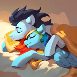 Size: 4096x4096 | Tagged: safe, ai content, derpibooru import, machine learning generated, prompter:*rainbow dash*, stable diffusion, rainbow dash, soarin', bed, blanket, female, g4, generator:purplesmart.ai, image, male, peaceful, png, romantic, shipping, sleeping, soarindash, straight