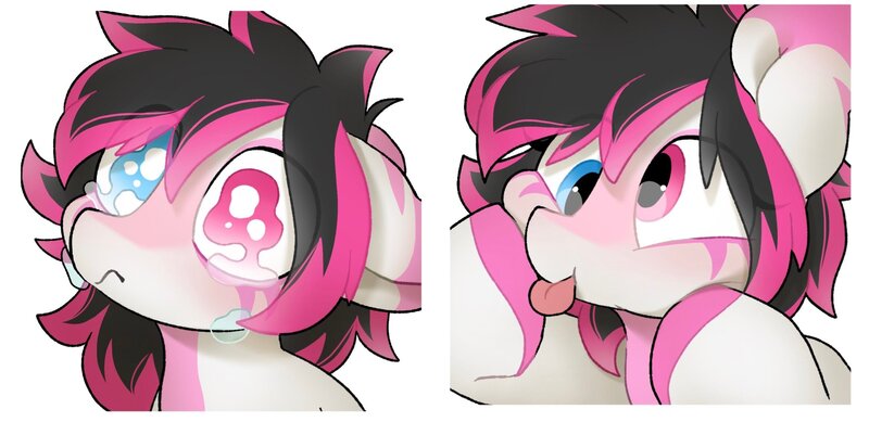 Size: 2335x1135 | Tagged: safe, artist:mochi_nation, derpibooru import, oc, unofficial characters only, earth pony, pony, bust, commission, crying, eye shimmer, female, heterochromia, hoof on cheek, image, jpeg, mare, silly, silly face, silly pony, simple background, solo, tongue out, white background