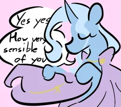 Size: 557x495 | Tagged: safe, artist:captainzigo, derpibooru import, trixie, pony, unicorn, dialogue, eyes closed, female, g4, horn, image, mare, pink background, png, simple background, solo, speech bubble