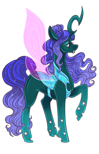 Size: 3300x5100 | Tagged: safe, artist:ashley-the-muffin, derpibooru import, princess luna, queen chrysalis, changedling, changeling, hybrid, pony, blue mane, blue tail, changedlingified, changelingified, clothes, curved horn, digital art, ethereal mane, ethereal tail, eyelashes, eyeshadow, fangs, female, flowing mane, flowing tail, fusion, g4, high res, horn, image, lidded eyes, looking at you, makeup, mare, png, raised hoof, see-through, signature, simple background, solo, species swap, spread wings, starry mane, starry tail, stars, tail, teeth, transparent background, wings