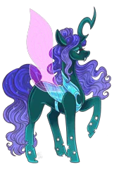 Size: 3300x5100 | Tagged: safe, artist:ashley-the-muffin, derpibooru import, princess luna, queen chrysalis, changedling, changeling, hybrid, pony, blue mane, blue tail, changedlingified, changelingified, clothes, curved horn, digital art, ethereal mane, ethereal tail, eyelashes, eyeshadow, fangs, female, flowing mane, flowing tail, fusion, g4, high res, horn, image, lidded eyes, looking at you, makeup, mare, png, raised hoof, see-through, signature, simple background, solo, species swap, spread wings, starry mane, starry tail, stars, tail, teeth, transparent background, wings