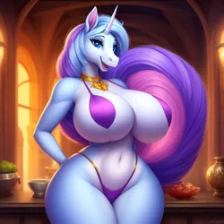 Size: 640x640 | Tagged: suggestive, ai content, anonymous prompter, derpibooru import, machine learning generated, twilight velvet, anthro, pony, unicorn, belly button, big breasts, bikini, breasts, busty twilight velvet, butt touch, clothes, collar, curvy, day, female, foe.ai, generator:frosting.ai, hand on butt, horn, image, indoors, jpeg, lantern, looking at you, mare, open mouth, open smile, smiling, smiling at you, solo, solo female, swimsuit