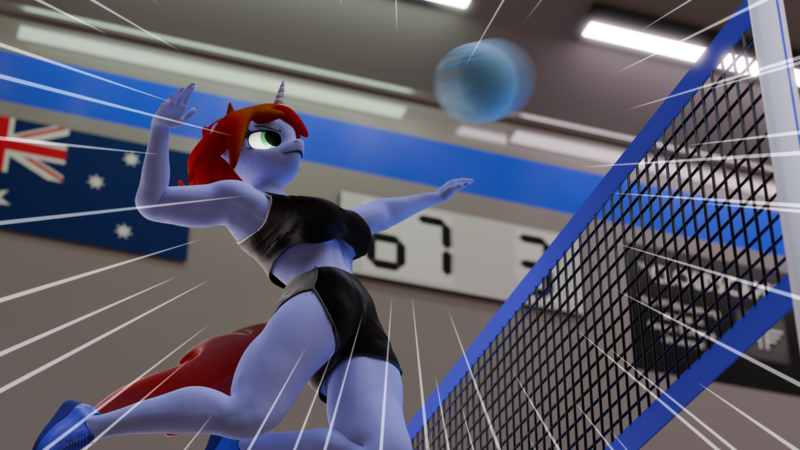 Size: 3840x2160 | Tagged: safe, artist:dangerousdpad, derpibooru import, oc, oc:sugar surge, anthro, 3d, image, png, sports, sports outfit, volleyball