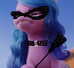 Size: 577x530 | Tagged: suggestive, edit, edited screencap, screencap, izzy moonbow, pony, unicorn, g5, my little pony: make your mark, collar, dominatrix, image, masquerade mask, png, riding crop, solo