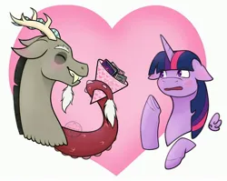 Size: 3900x3100 | Tagged: safe, artist:empressryutsuki, derpibooru import, discord, twilight sparkle, antlers, blushing, bust, duo, duo male and female, eyes closed, female, heart, horn, image, jpeg, male, portrait, present, ship:discolight, shipping, signature, straight
