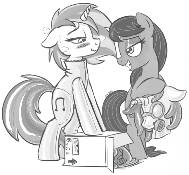 Size: 1993x1848 | Tagged: questionable, artist:superderpybot, derpibooru import, octavia melody, vinyl scratch, earth pony, pony, unicorn, bedroom eyes, bipedal, blushing, bondage, box, cardboard box, clothes, costume, digital art, drone, duo, encasement, female, fetish, floppy ears, g4, gas mask, grayscale, grin, horn, image, latex, latex fetish, latex suit, lesbian, lidded eyes, looking at each other, looking at someone, mare, mask, masking, monochrome, png, ponysuit, request, rubber, rubber drone, rubber suit, seams, shiny, simple background, sketch, smiling, twinning, white background